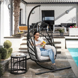 DWVO Wicker Swing Egg Chair 300lbs Capacity - Foldable Hanging Hammock with Cushions & Stand, Indoor/Outdoor Patio Swing Chair for Bedroom, Garden, Balcony (Grey) DWVO