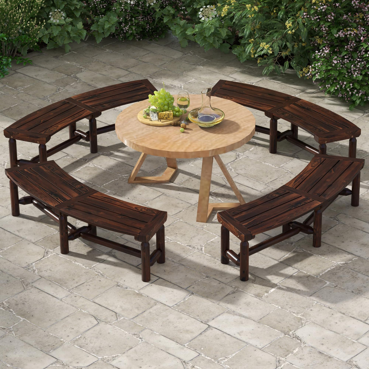 Tangkula Patio Curved Bench Set of 4, Carbonized Wood Dining Bench, Spacious & Slatted Seat, 710 LBS Max Load, 2-Person Wood Fire Pit Bench for Backyard, Garden, Porch Tangkula