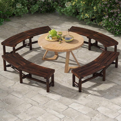Tangkula Patio Curved Bench Set of 4, Carbonized Wood Dining Bench, Spacious & Slatted Seat, 710 LBS Max Load, 2-Person Wood Fire Pit Bench for Backyard, Garden, Porch Tangkula