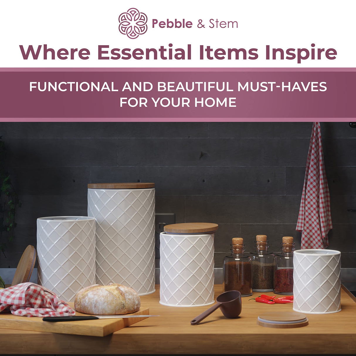 Pebble & Stem White Metal Canisters Sets for the Kitchen Counter, Kitchen Canisters Set of 4, Airtight Lids,Sugar and Flour Containers for Countertop, Coffee and Tea Storage, Farmhouse Decor Pebble & Stem