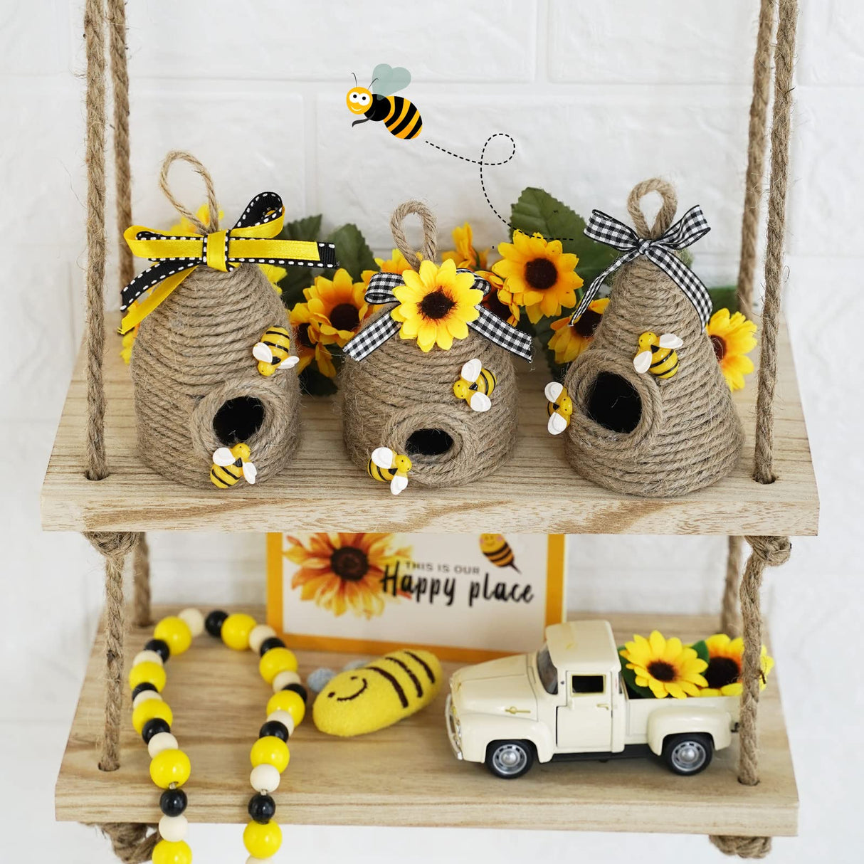 Rustic Bumble Bee Hive Decor - 3 Pack Natural Bee House, Spring/Summer Farmhouse Kitchen Table Tiered Tray Decor CRCZK