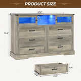 DICTAC Farmhouse 6 Drawers Dresser with Charging Station, LED Dresser with 2 Sliding Doors, Wood Wide Chest of Drawers, Storage Dressers Organizer for Bedroom, Living Room, Rustic Oak DICTAC