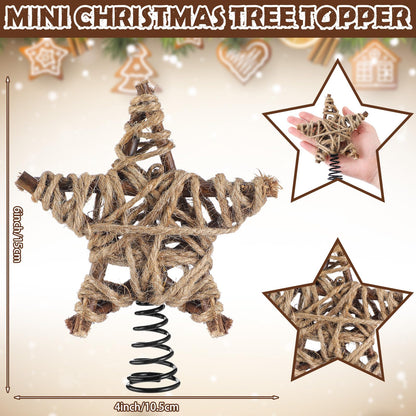 Gejoy Mini Christmas Rustic Tree Topper Natural Star 6 Inch Miniature Star Tree Topper for Christmas Tree Home Decor Winter Holiday (Wood, Woven)