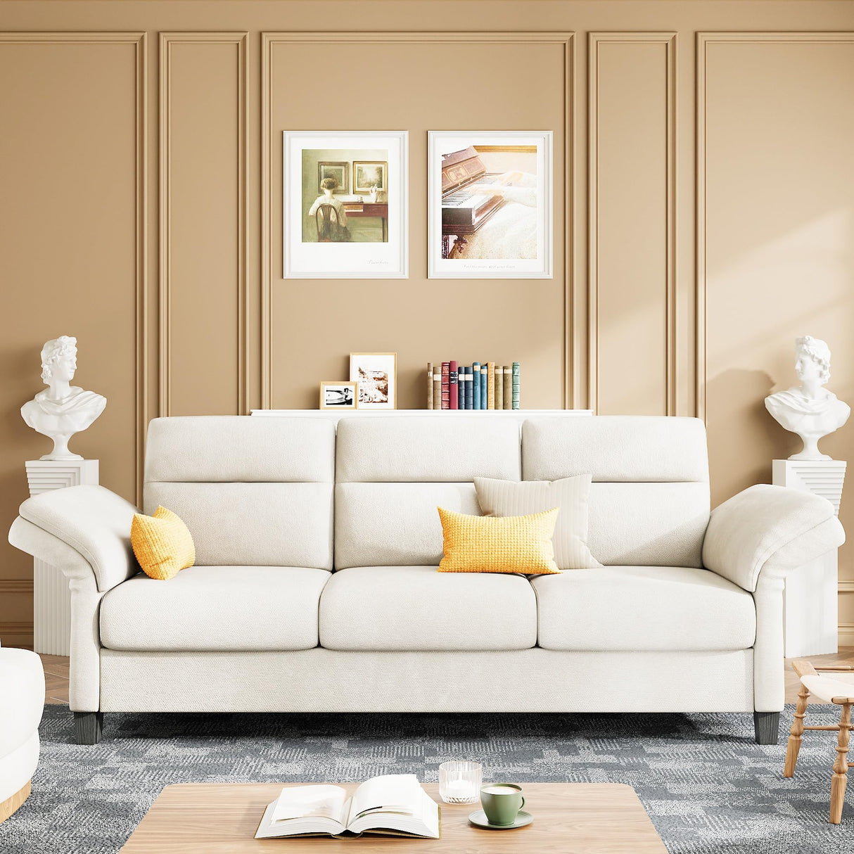 LIKIMIO Sofa Couches for Living Room, with Adjustable armrests, Extra Deep Seats 3 Seater Sofa, Modern Couches for Living Room/Apartment, Easy Assembly, Beige Chenille (92 Inch) LIKIMIO