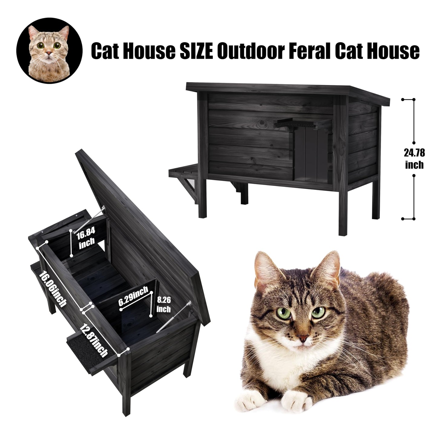 Black Outdoor Cat House Weatherproof Feral Cat Enclosure with Ice Pad for Summer, 100% Insulated All-Round Foam, Wood Large Feral Cat House for Multiple Cats 34.25" L*21.65" W*24.78" H