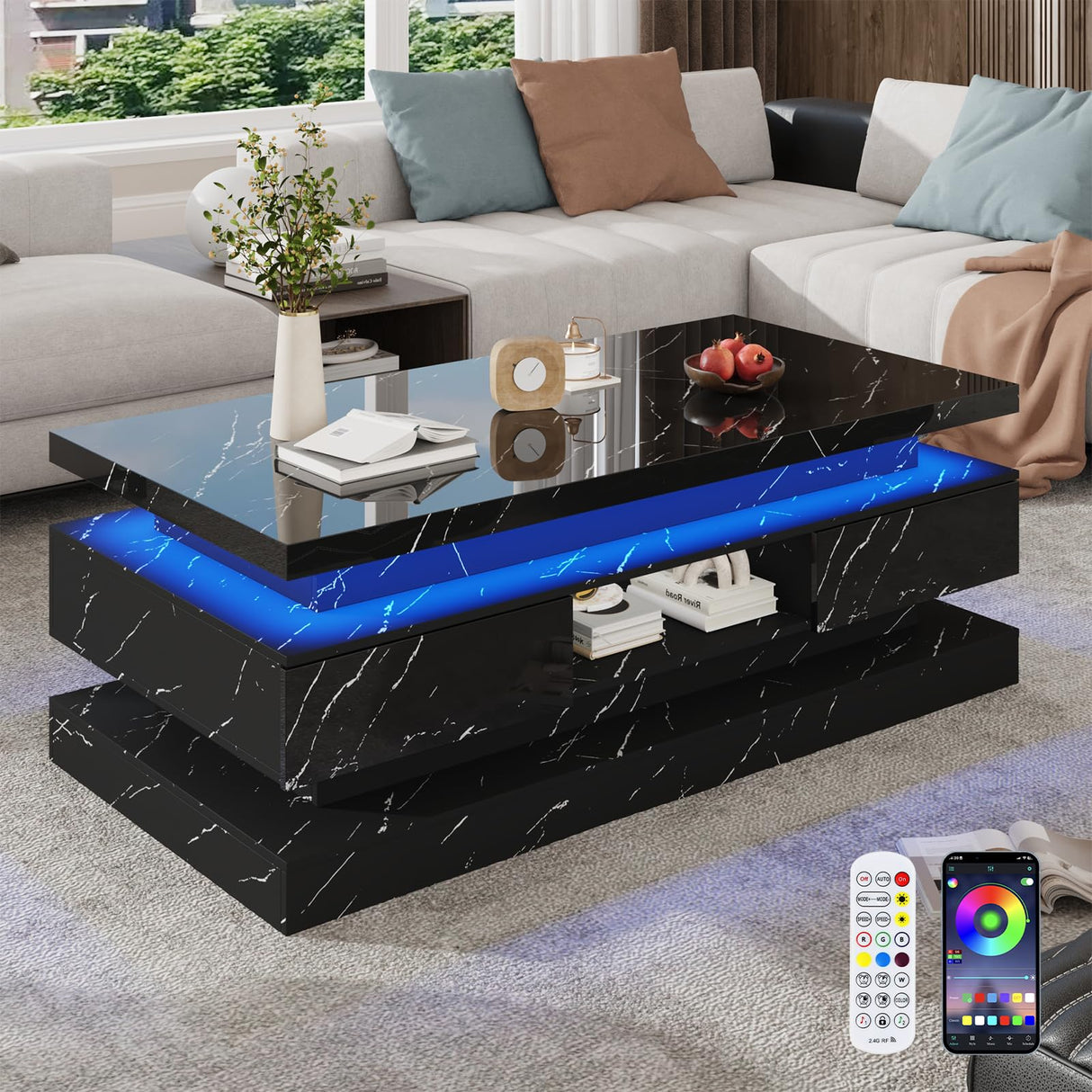 47.2 inch Modern High Glossy LED Coffee Table with 2 Sliding Drawers, Double-Layer Center Tables with LED Lights for Livings Room Furniture, Black chartustriable