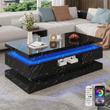 47.2 inch Modern High Glossy LED Coffee Table with 2 Sliding Drawers, Double-Layer Center Tables with LED Lights for Livings Room Furniture, Black chartustriable
