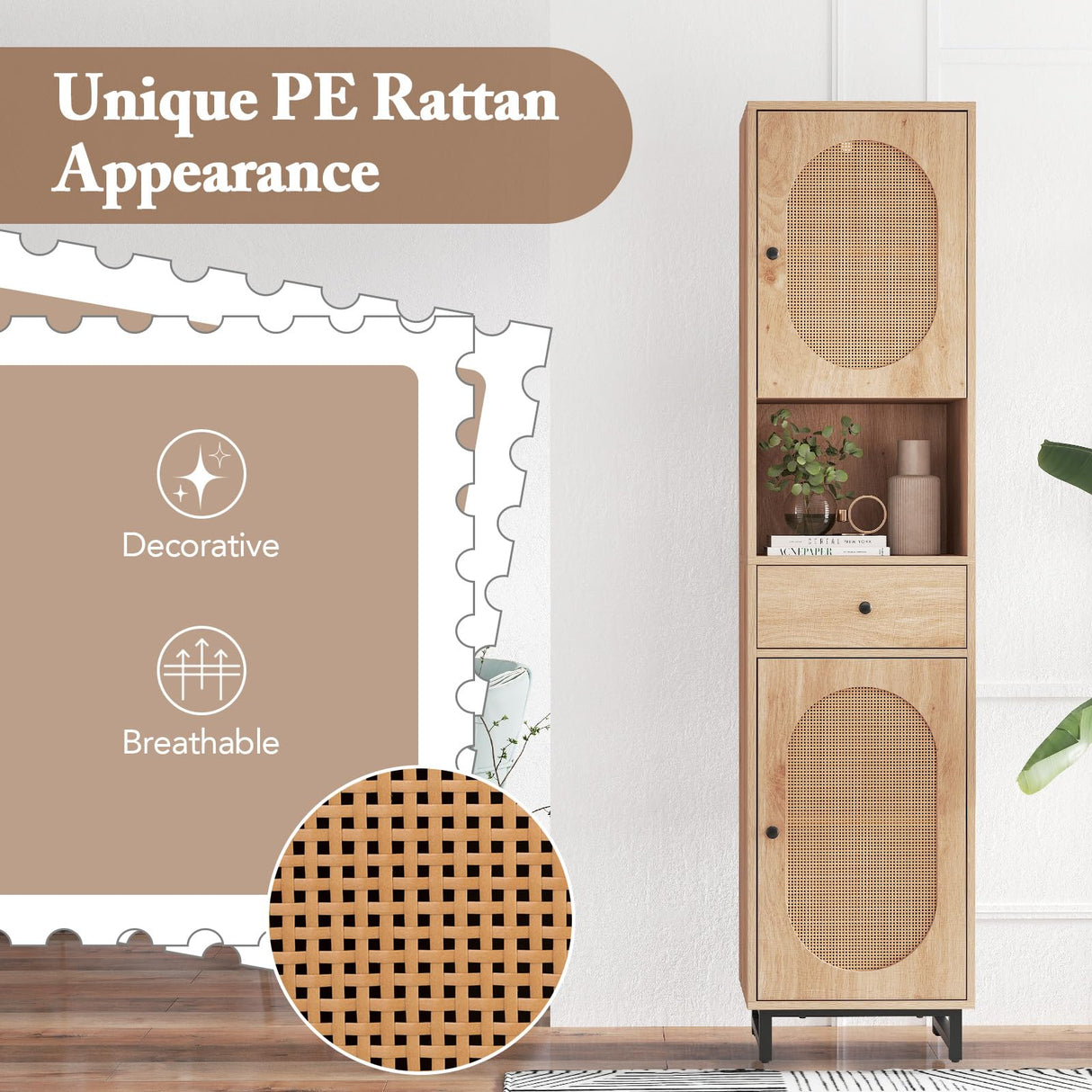 Giantex 67" Tall Bathroom Cabinet, PE Rattan Storage Cabinet with 2 Doors, Open Compartment & Drawer, Adjustable Shelves, Anti-toppling Device & Metal Legs, Floor Organizer for Living Room, Kitchen Giantex