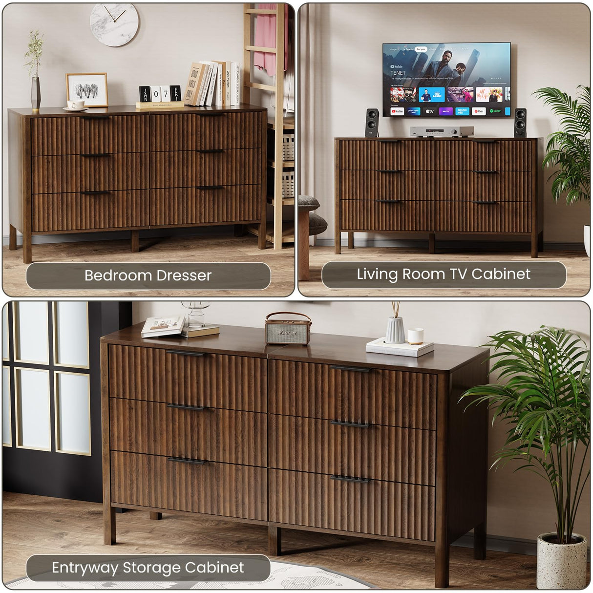 55" Wide Fluted 6 Drawer Dresser for Bedroom, Wooden Dresser Modern Chest of Drawers TV Stand Dressers with Organizer Storage for Bedroom, Living Room, Entryway, Hallway, Walnut MODNEST