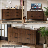 55" Wide Fluted 6 Drawer Dresser for Bedroom, Wooden Dresser Modern Chest of Drawers TV Stand Dressers with Organizer Storage for Bedroom, Living Room, Entryway, Hallway, Walnut MODNEST