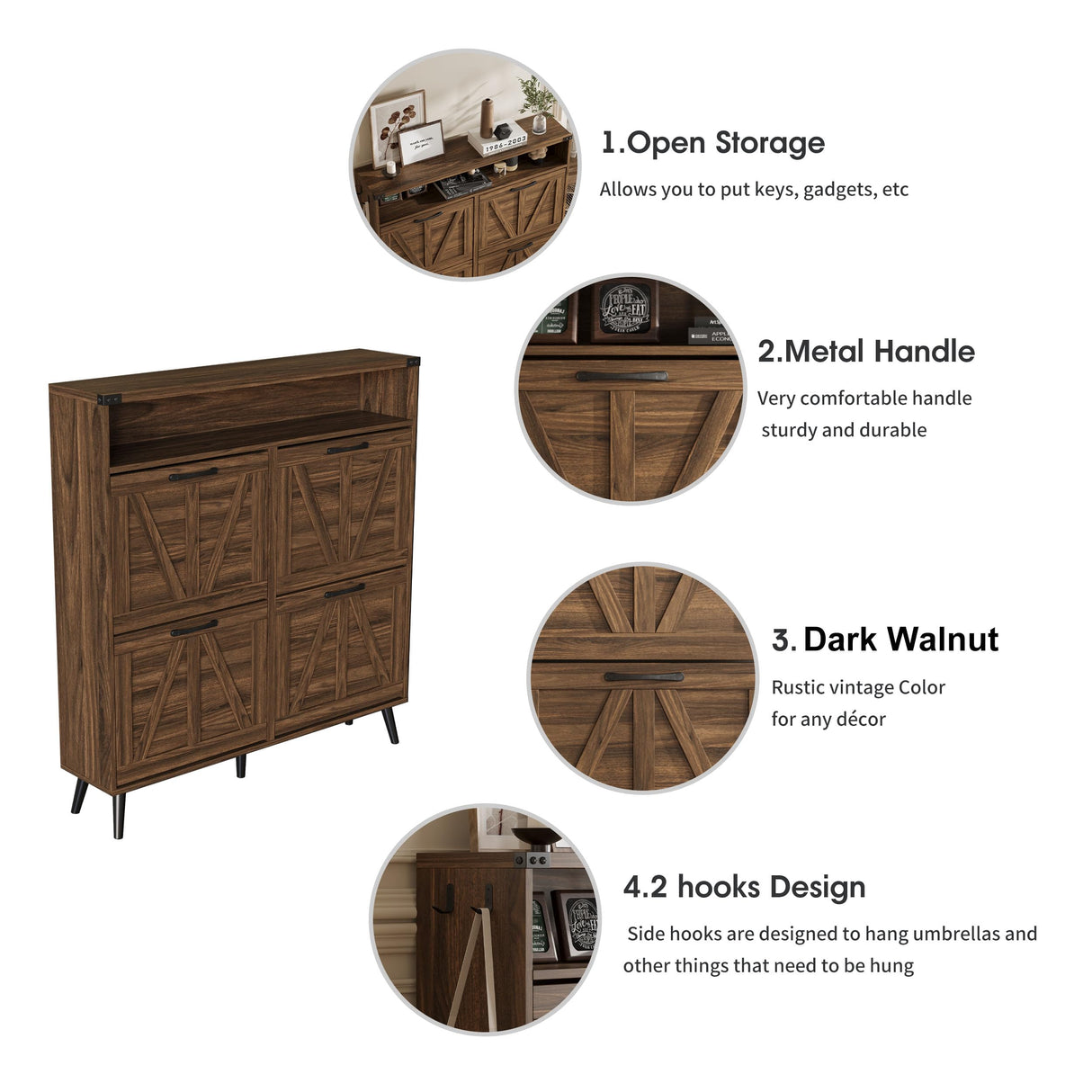 Shoe Cabinet Wtih 4 Flip Drawers,Shoe Storage Cabinet for Entryway,Freestanding Shoe Cabinet Organizer with Open Storage,Farmhouse Narrow Shoe Cabinet with Legs,Dark Walnut Halitaa