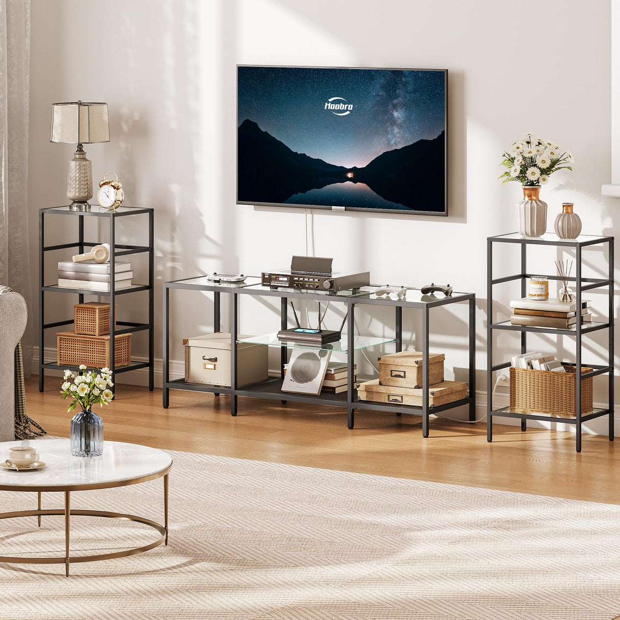 HOOBRO 3-Tier Bookcase, Tempered Glass Bookshelves, Record Storage Rack with Side Fence, Storage Shelves for Bathroom, Slim Shelving Unit for Living Room, Home Office, Black BK81CJ01 HOOBRO