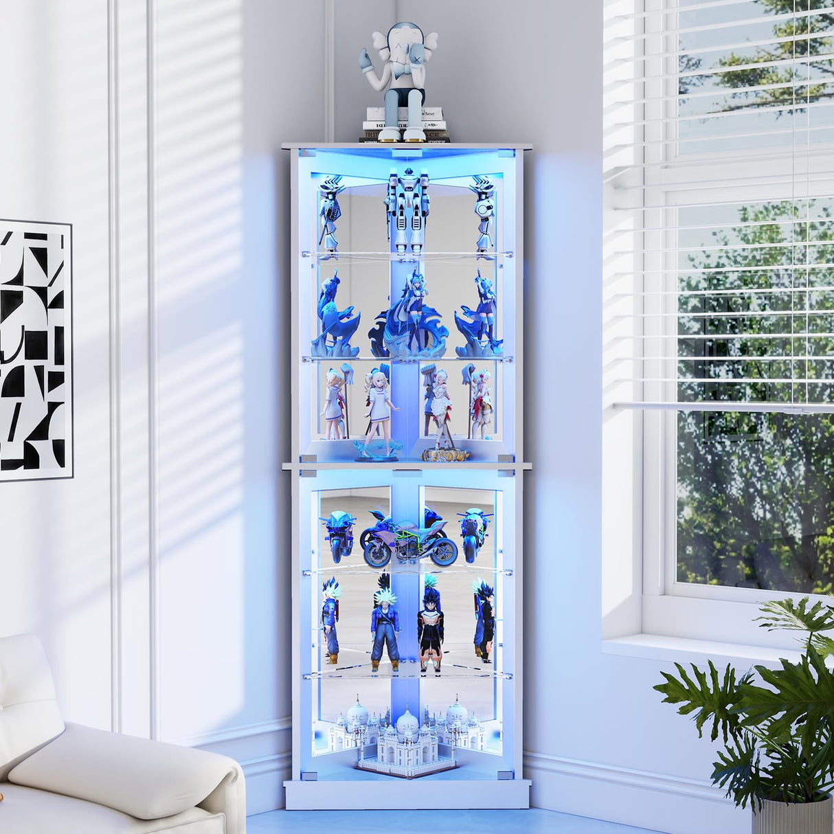 Lamtor 72" Corner Display Cabinet with Glass Doors, 6-Tier Showcase Curio Cabinet for Collectibles with Dynamic LED Lights, Modern Display Case for Living Room, White Lamtor