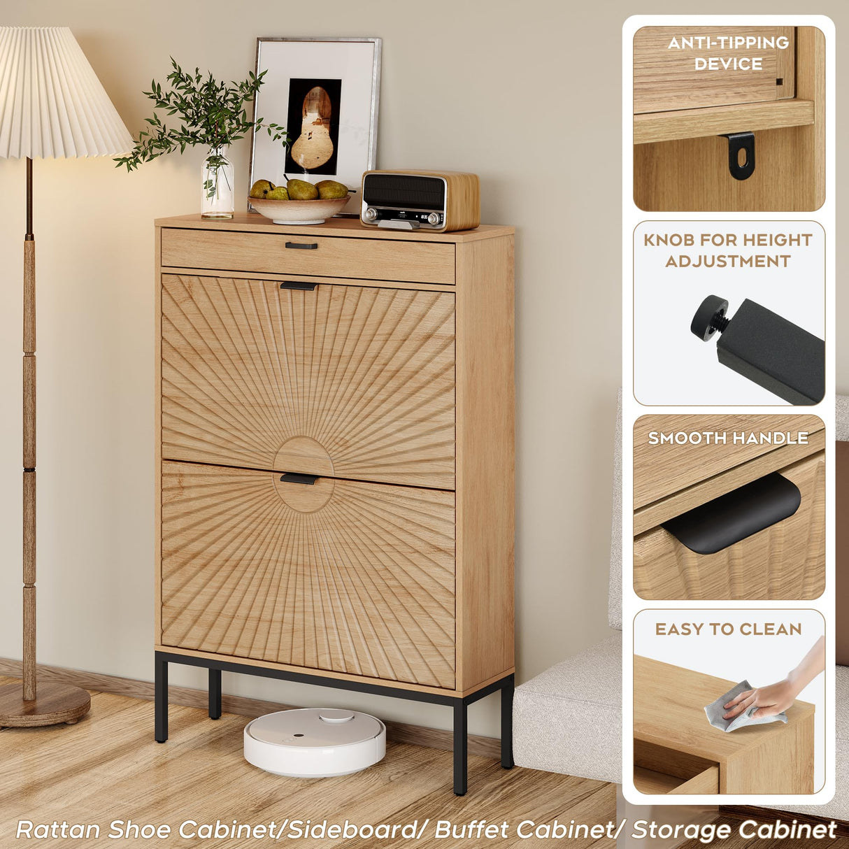 Brafab Shoe Storage Cabinet with 2 Flip Drawers&1 Small Drawer, Slim Entryway Shoe Organizer with Sun Pattern Doors for Sneakers,Light Beige Brafab