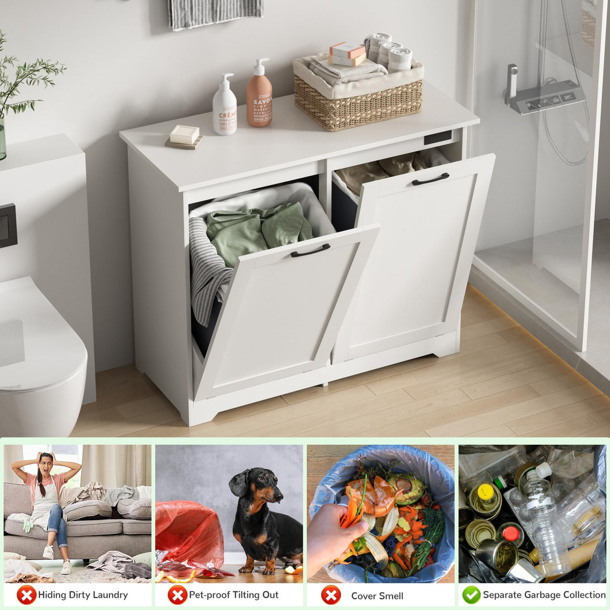 JAXPETY Double Tilt Out Trash Cabinet, Kitchen Hidden Garbage Can with Negative Ion & Deodorizing Function,Free Standing Recycling,Dog Proof 10 Gallon Trash Bin Cabinet for Bathroom, Living Room JAXPETY