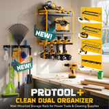 Ferreteriai Power Tool Organizer Wall Mount with Broom Holder Combo, Yellow & Black 3-Tier Garage Storage Rack with Battery Storage, 4 Drill Holder Slots, Heavy Duty Steel 150LB Capacity Ferreteriai