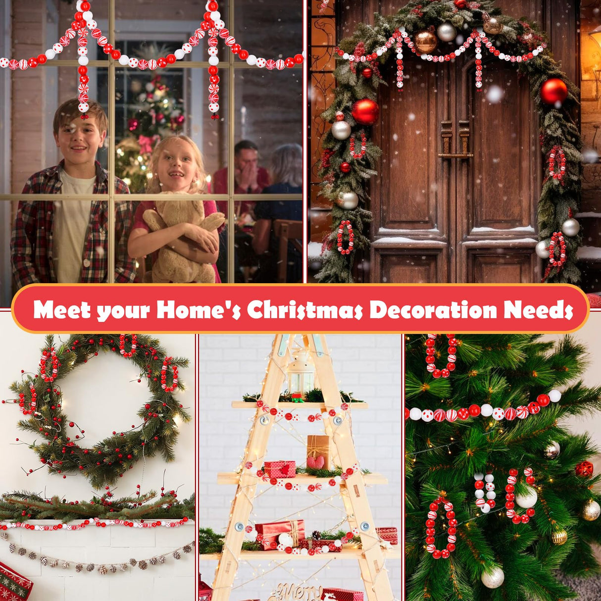 180 Pcs Candy Cane Wood Beads 16mm Christmas Wooden Beads Colorful Round Craft Beads with Holes, Christmas Dotted Striped Farmhouse Spacer Wood Beads for Christmas Party Holiday DIY Garland Jewelry Lucomb