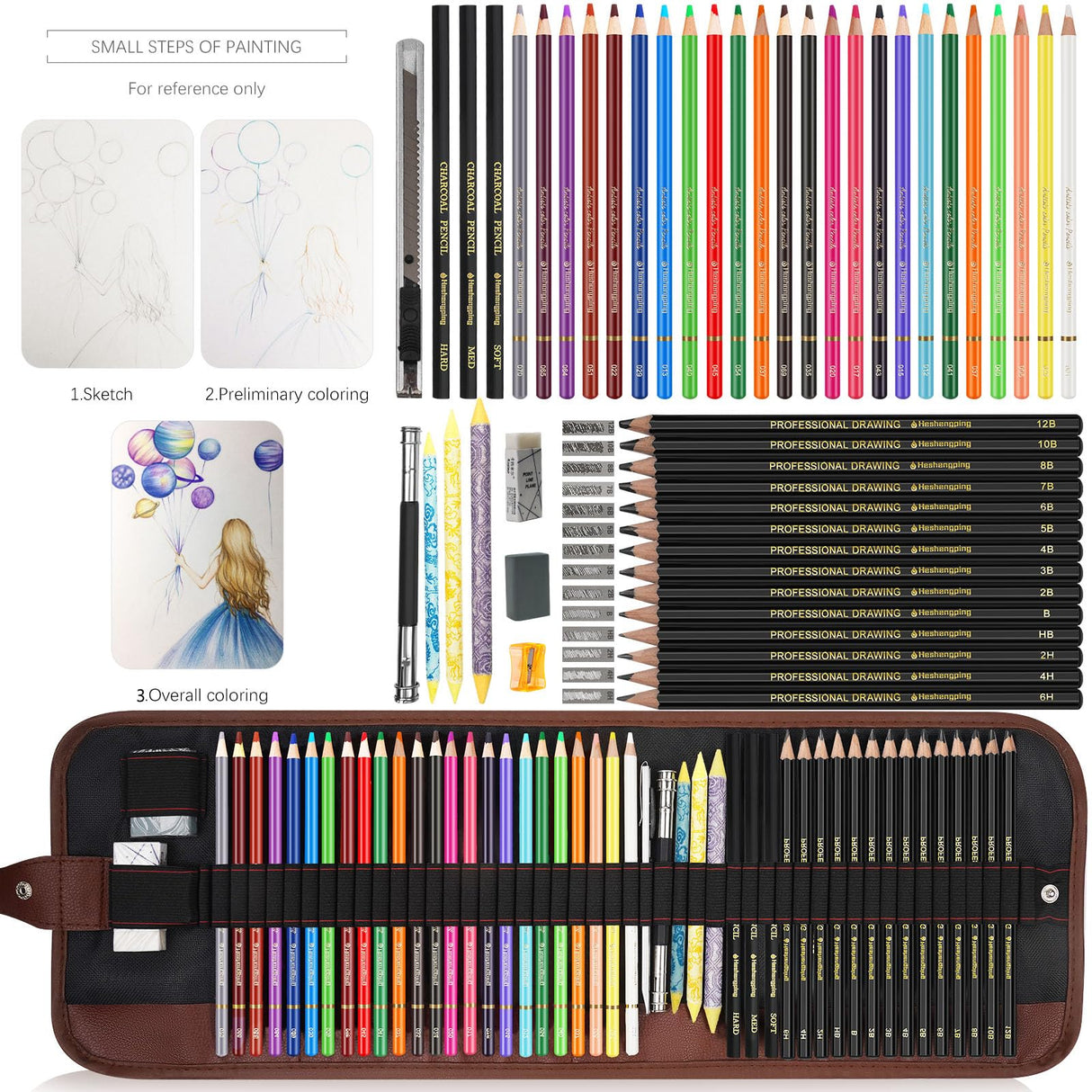 Sketching Drawing Art Pencil Kit-50 Piece Set with 24 Color Pencils for Adult Kid Coloring Books, 14 Graphite 3 Charcoal Erasers Etc., Artist Supplies Ideal for Adult, Kid,Student, Beginner Heshengping