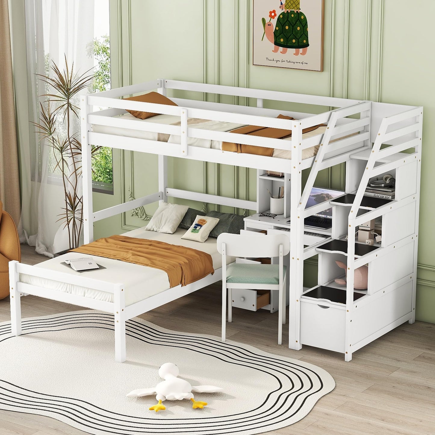 Harper & Bright Designs Twin Loft Bed with Stairs, Desk, Shelves, and Storage Drawers in White - WoodArtSupply