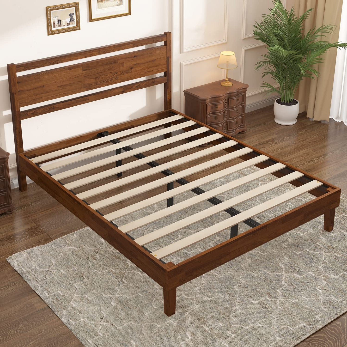 Crisinant Retro Brown King Wood Bed Frame with Headboard and Strong Slat Support - WoodArtSupply