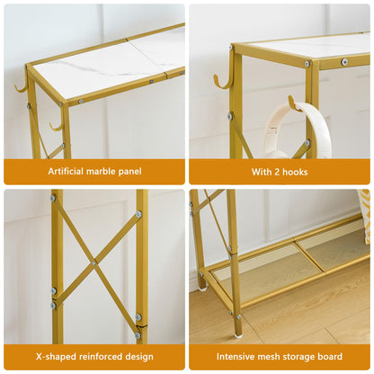 Gewudraw Gold Console Table, 2 Tier Narrow Entryway Table with Shelves and Hooks, Couch Table Behind Sofa, Entrance Table with Golden Frame for Entryway, Hallway, Foyer - WoodArtSupply