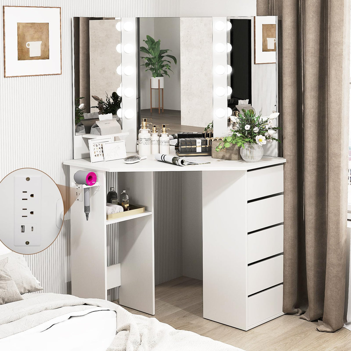 GOFLAME Corner Vanity with Mirror and Lights, Compact Vanity Table with Charging Station, 3 Lighting Modes, 5 Drawers, Dressing Table, Modern Makeup Vanity Desk with Triple Mirror for Bedroom (White) GOFLAME