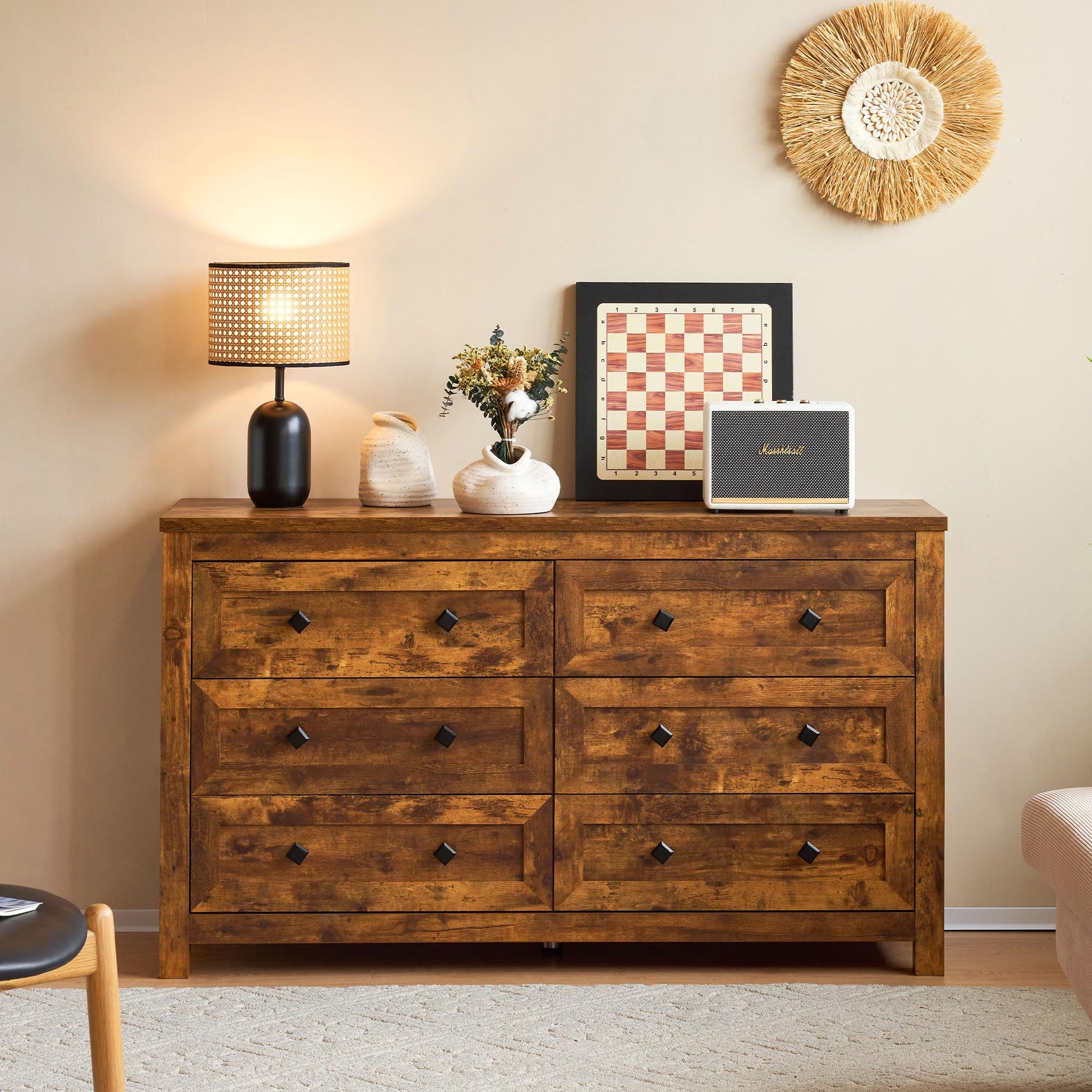 VanAcc 6 Drawers Dresser for Bedroom, Farmhouse Wood Chest of Drawers with Vintage Grain Texture, Drawer Double Dresser for Bedroom, Living Room, Hallway, Rustic Brown - WoodArtSupply