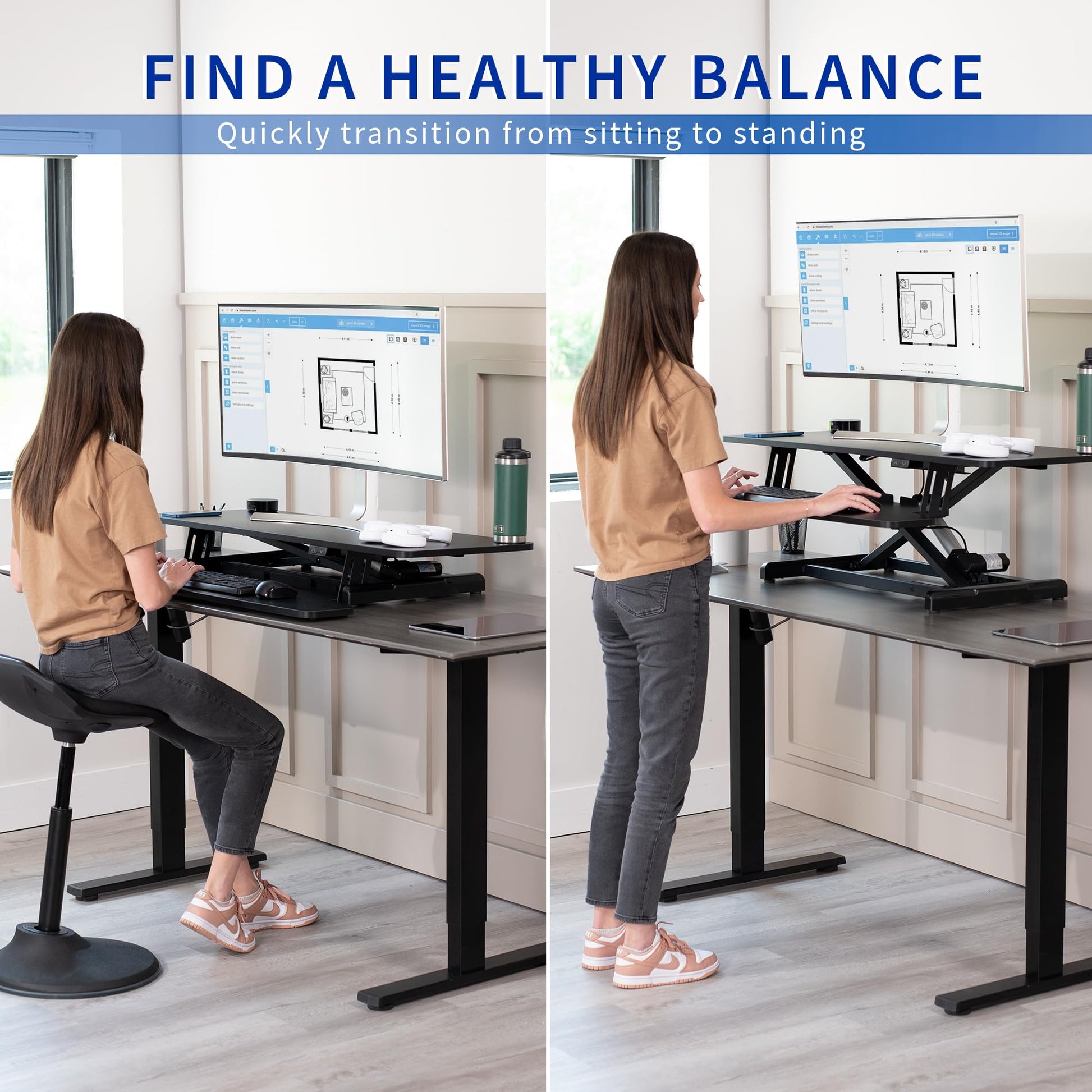 VIVO 42 inch Electric Motor Desk Converter, Height Adjustable Riser, Sit to Stand Dual Monitor and Laptop Workstation with Wide Keyboard Tray, Black, DESK-VE42B - WoodArtSupply