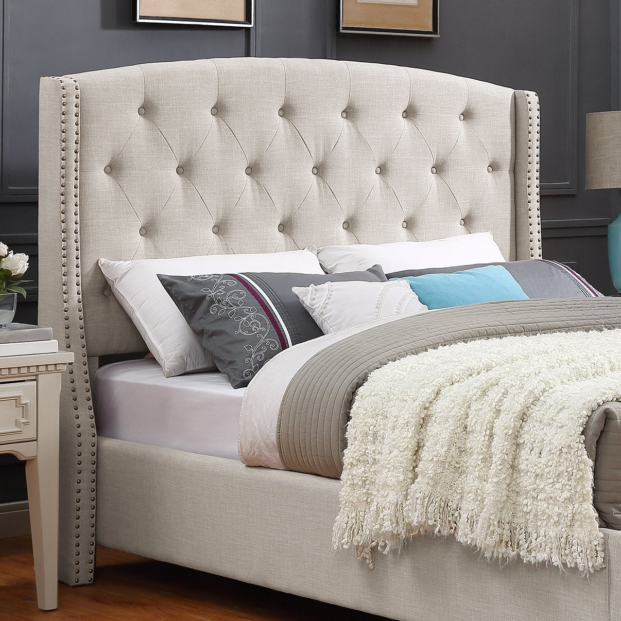 Roundhill Furniture Nantarre Fabric Tufted Wingback Upholstered Bed with Nailhead Trim, King, Tan Roundhill Furniture