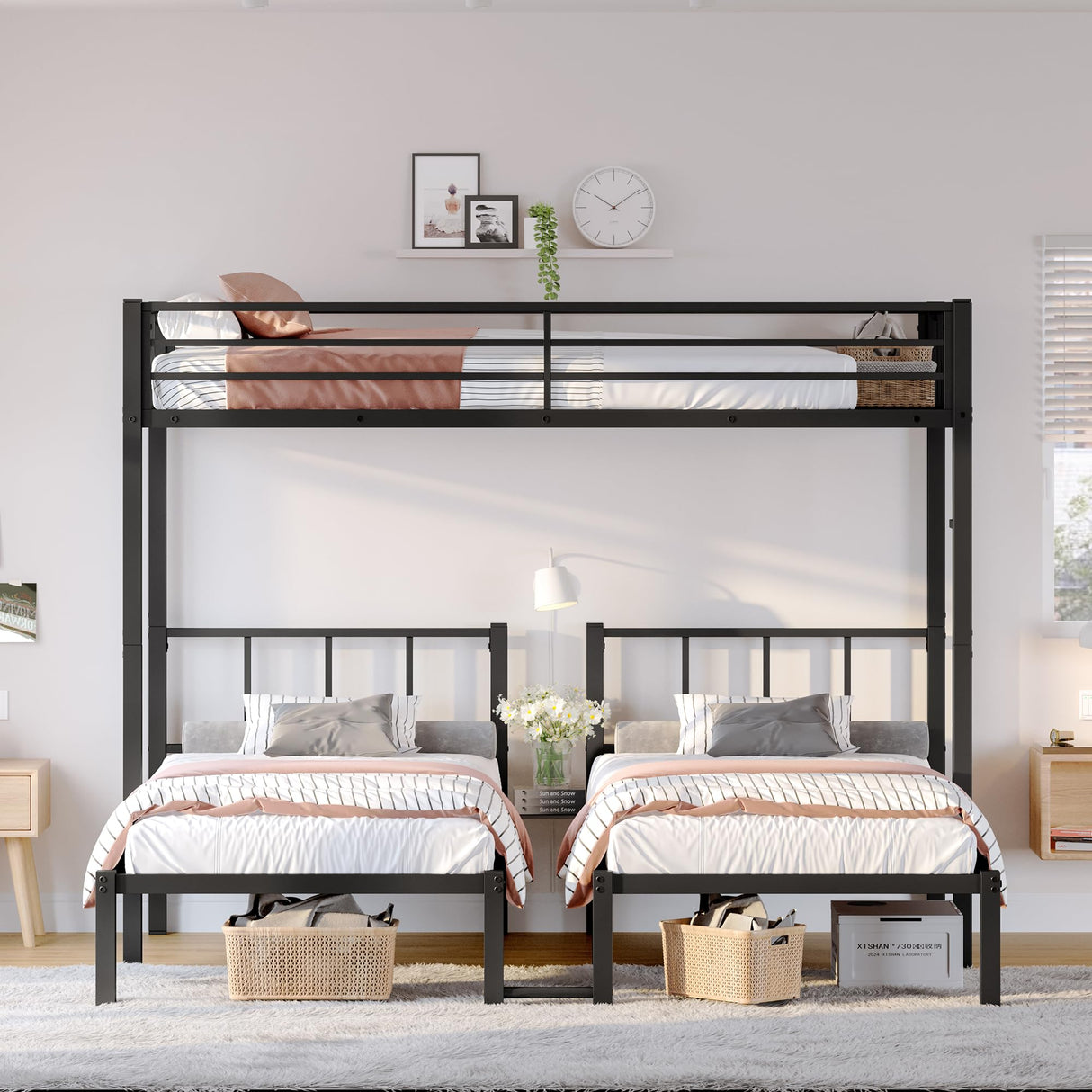 HKOLIE Twin Over Twin & Twin Bunk Beds for 3, Triple Bunk Bed for 3 with Guardrails, Ladder & Upper-Bed Platform, for Children, Teens, Adults, No Box Spring Needed (Triple Bunk Bed) HKOLIE