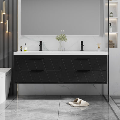 eclife 60" Bathroom Vanities Cabinet with Sink Combo, Wall Mounted Floating Cabinet W/Decor Line, Soft-Close System, 4 Extra Big Drawers, Matte Black Faucet, Black