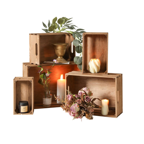 KMwares Set of 5 Vintage Rustic Solid Wood Decorative Nesting Storage Crates with Open Handles - Multipurpose Wood Crafted Boxes/Bathroom Kitchen,Laundry Crates/Fruits & Vegetables Boxes KMwares
