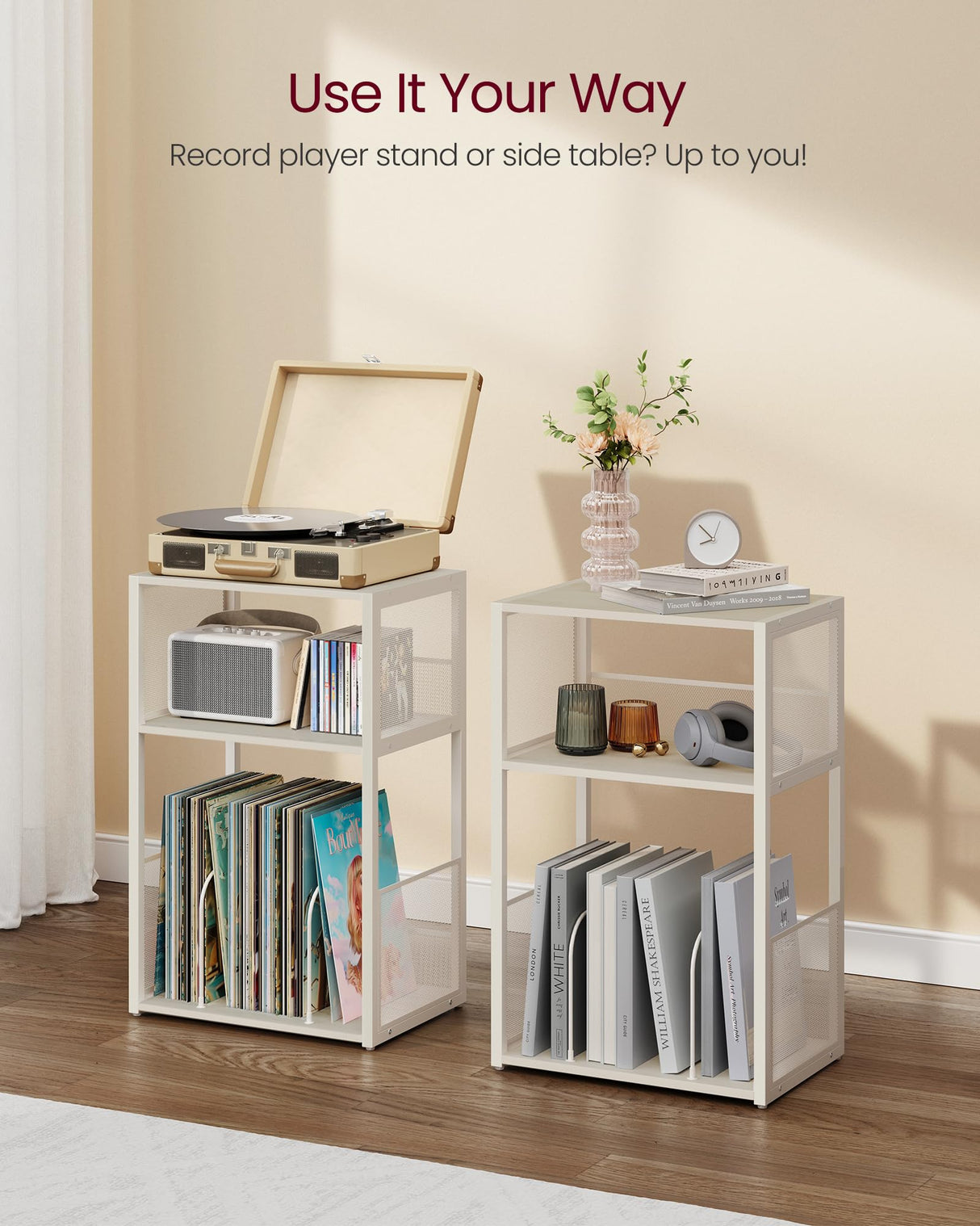 VASAGLE Record Player Stand, 3-Tier Side Table, Vinyl Record Storage up to 100 Albums, End Table for Living Room, Bedroom, Rustic White ULET275W01 VASAGLE