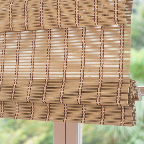 Sunbox Cordless Bamboo Roman Shade Blind, Woven Wood Roman Shades, Light Filtering Natural Bamboo Shades for Windows, French Doors, 26" W x 64" H, Caramel Brown Sunbox