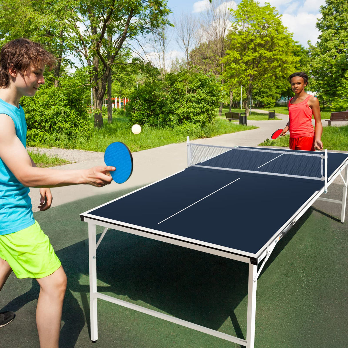 Tiktun Ping Pong Table, Foldable Tennis Table,with 2 Table Tennis Paddles and 3 Balls, Indoor/Outdoor Portable Table Tennis Game with Net,Blue,Medium Tiktun