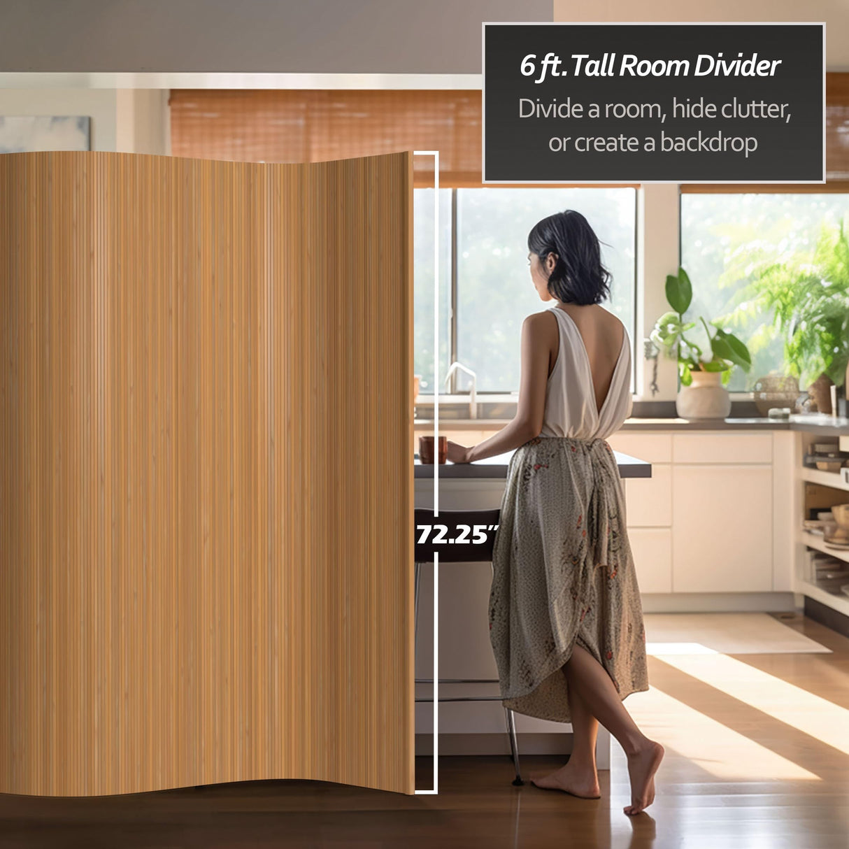 Oriental Furniture 6 ft. Tall Bamboo Wave Screen - Natural Red Lantern