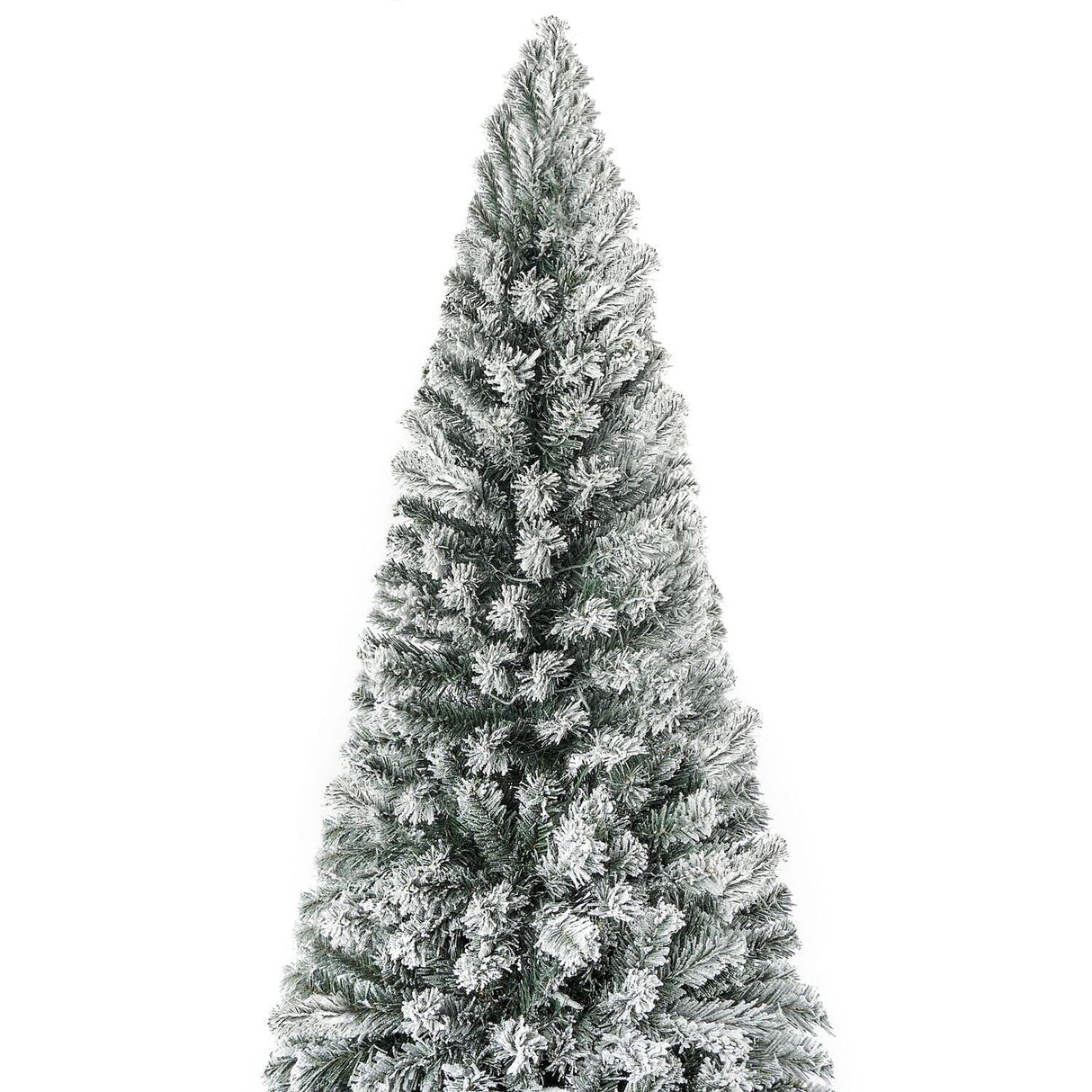 Salzburg 9ft Frosted Prelit Slim Artificial Christmas Tree with 1455 Branch Tips, 500 Warm Lights and Metal Stand, 37" Wide Realistic Snow Flocked Skinny Pencil Christmas Tree by Naomi Home Naomi Home