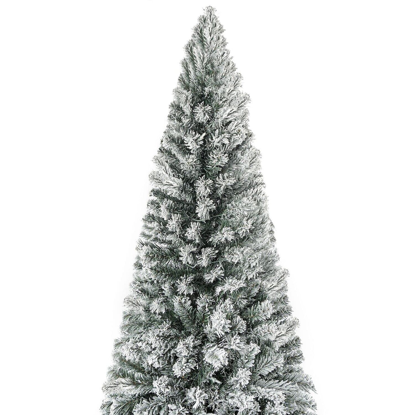 Salzburg 9ft Frosted Prelit Slim Artificial Christmas Tree with 1455 Branch Tips, 500 Warm Lights and Metal Stand, 37" Wide Realistic Snow Flocked Skinny Pencil Christmas Tree by Naomi Home