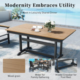 7 Piece HDPE Outdoor Dining Set for 6, 64” All Weather Wood-grain Dining Table, 6 Wicker Rattan Chairs with 3.2” Waterproof Cushion, Patio Table and Chairs Set for Backyard and Deck, Black SUNSHINE VALLEY