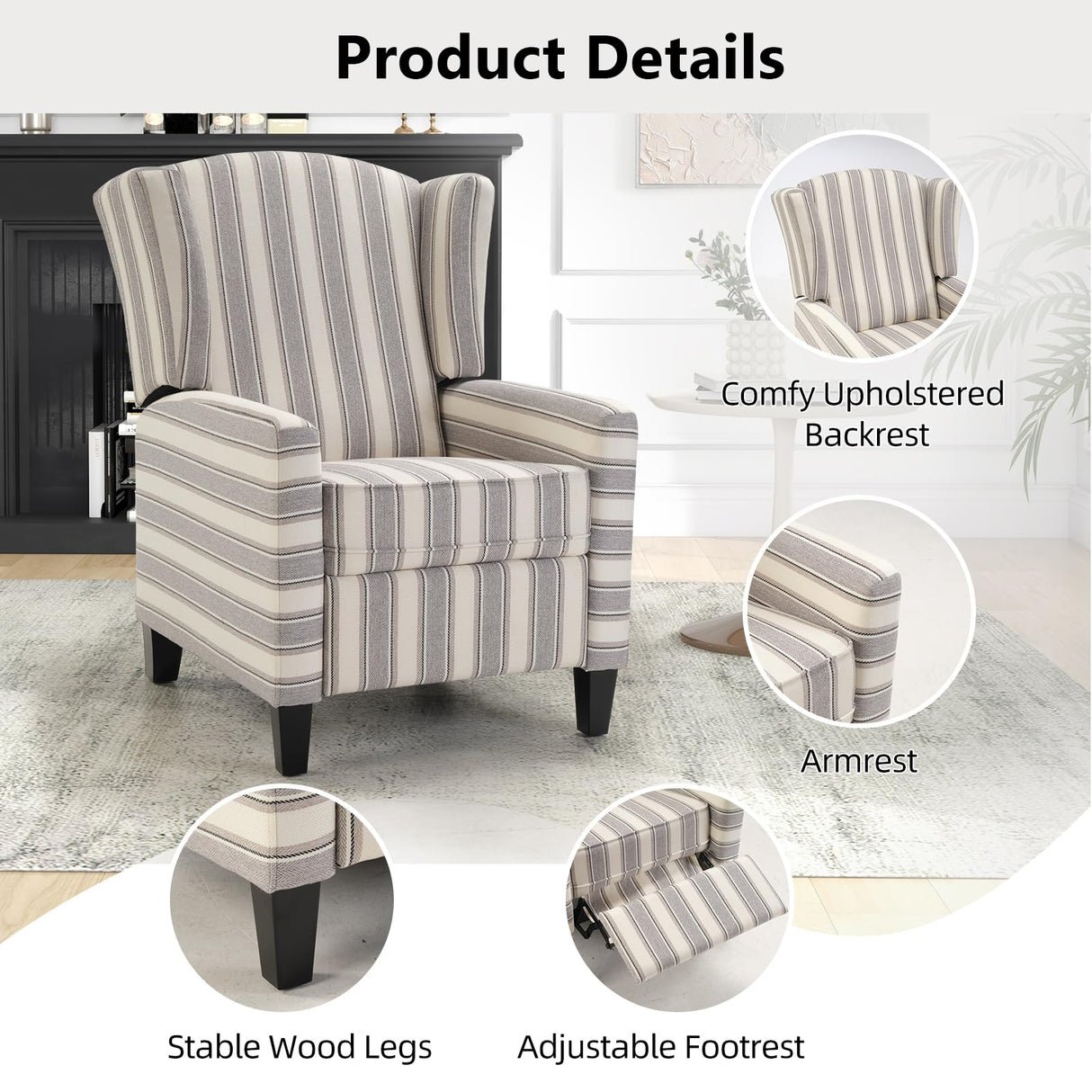 IOMOR Wingback Pushback Recliner Chair Fabric Lounge Armchair Push Back Single Sofa Chair with Padded Seat Solid Wood Legs for Living Room, Mid Century Modern Recliner (Grey Stripe) IOMOR