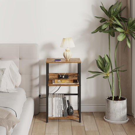 DALEMHOME Record Player Stand with Charging Station, Turntable Stand with Storage, Record Table for Vinyl, 3 Tier End Table for Living Room, Bedroom, Rustic Brown HKET1001BR DALEMHOME