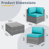 SUNLEI 5pcs Patio Outdoor Furniture Sets Conversation Set,Low Back All-Weather Rattan Sectional Sofa with Tea Table&Washable Couch Cushions(Silver Rattan) (Sky Blue) SUNLEI