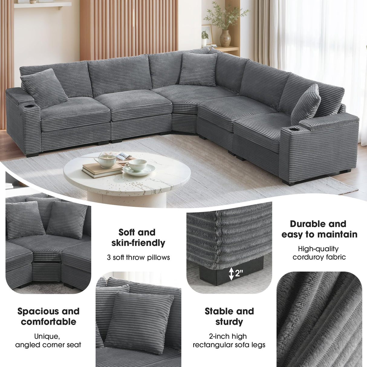 Merax 106" Corduroy Sectional Corner Sofa with Cup Holders & USB Charger, 5 Seat Convertible L Shaped Couch Set with Armrest Storage, Oversized Comfy Modular Sofabed for Living Room & Apartment, Gray Merax