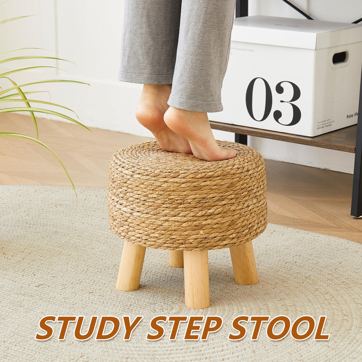 ALeesing Round Ottoman Natural Seagrass Footstool, Round Footstool with 4 Wood Legs, Hand Woven Round Footstool Sofa Stool, Multifunctional Modern Dressing Stool, Sofa Side Table for Bedroom (Nature) ALeesing