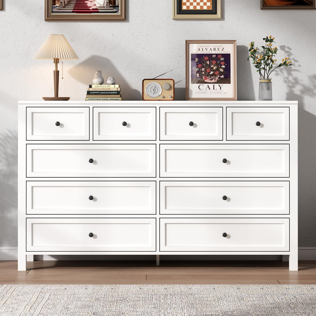 Farmhouse 10 Drawers Dresser for Bedroom, White Dresser Chest of Drawers, Wood Storage Dressers with Deep Drawers and Metal Handle, Wide Modern Dressers & TV Stand for Living Room, Closet, Hallway Gyfimoie
