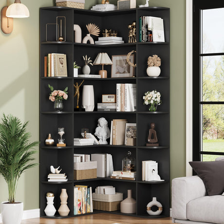 FOTOSOK 74” Tall Corner Bookshelf, 6-Tier Bookshelf and Bookcase with Open Storage, L Shaped Tall Bookcases Wooden Storage Shelves for Home Office, Thickened Boards for Better Load Bearing, Black FOTOSOK