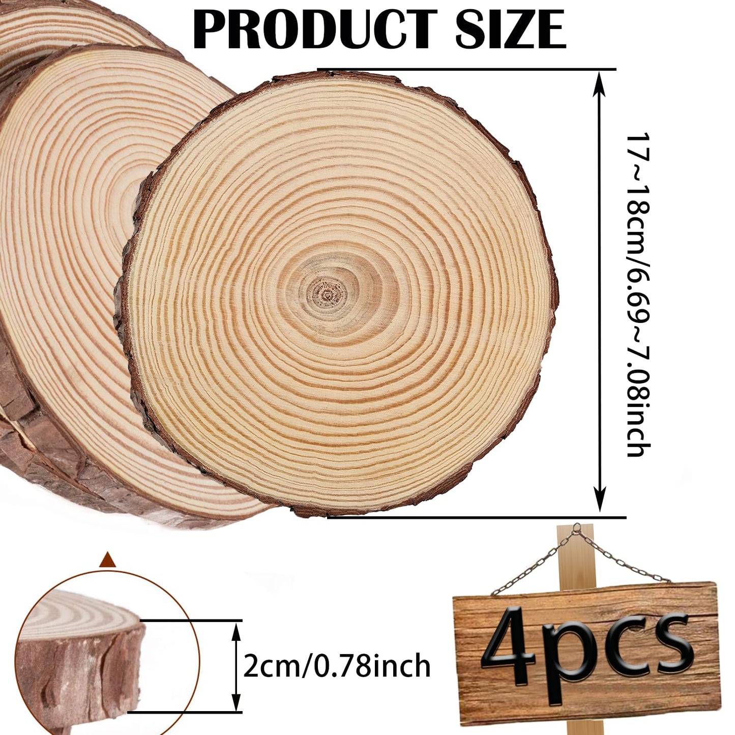 BIBRADAA 4 Pcs Wood Slice Ornaments 6.7-7.0 Inches,Round Wood Slices for Ornaments,Wood Slices for Crafting,Wooden Slices for DIY Rustic Candle Holders/Wedding/Christmas.