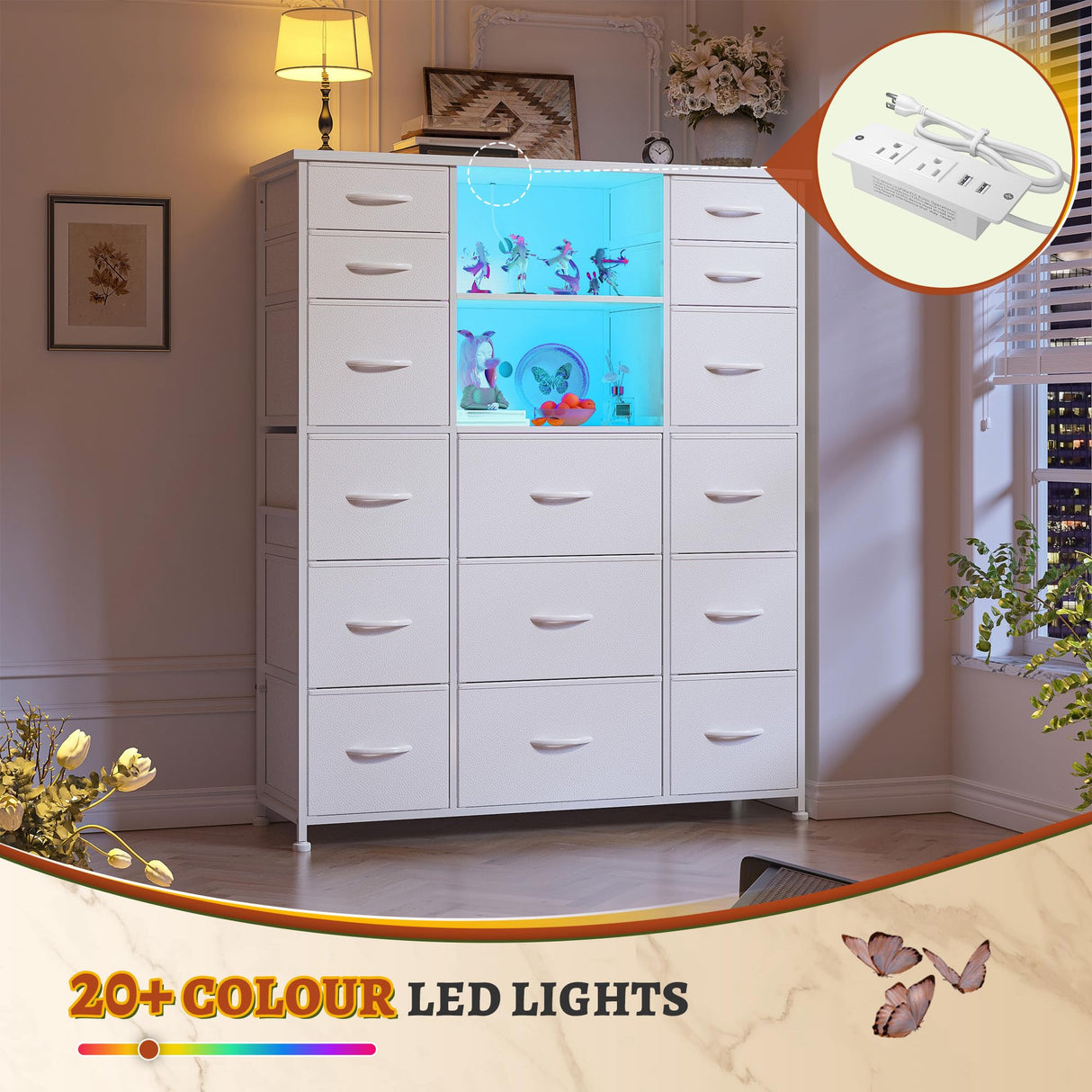 EnHomee 51" H White Dresser with 15 Drawers Dresser for Bedroom with Charging Station & LED Lights & Hutch Sturdy Bedroom Dressers, Steel Frame, Wood Top, 51.2" H x 39.3" W x 11.8" D EnHomee