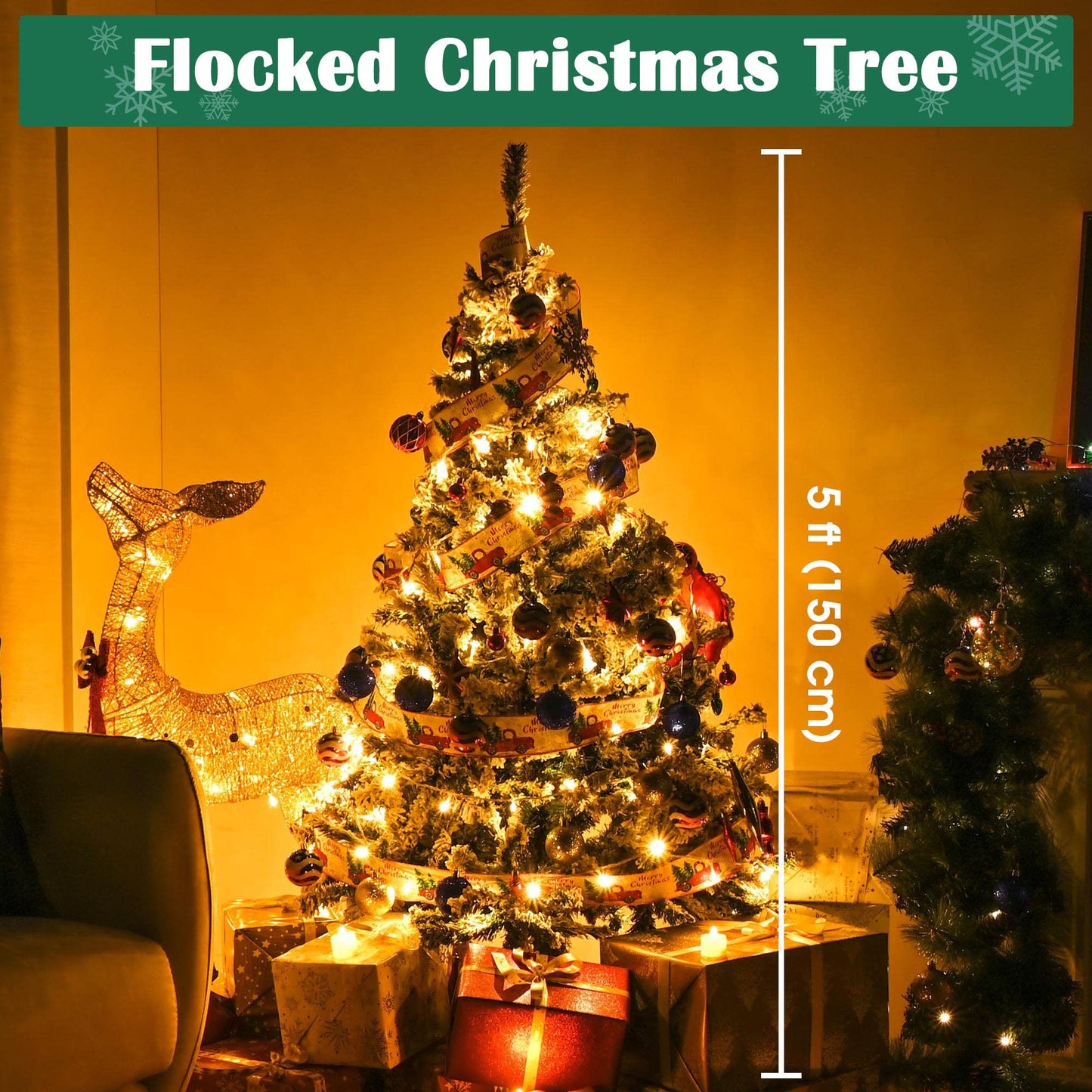 Yescom White Christmas Tree Artificial Pine Tree,5Ft Flocked Xmas Tree,Foldable Hinged,518 Branch Tips for Party Holiday Office Home Decoration