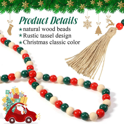 Equsion 9.8ft Christmas Wood Bead Garland with Tassels, Xmas Wooden Bead Garlands Wooden Classical Green and Red Garland with Jute Rope Rustic Farmhouse Bead Natural Wood Beads Wall Hanging Decoration